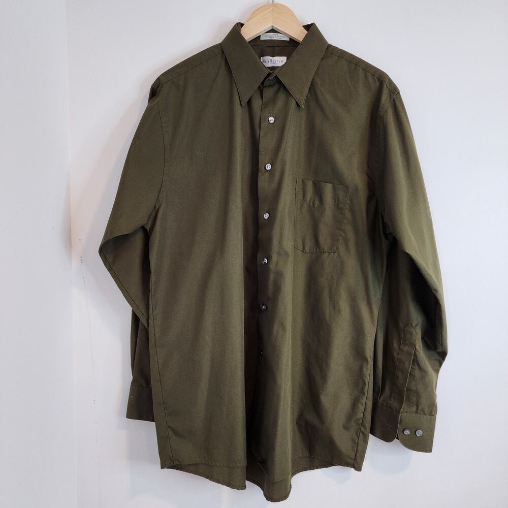 Van Heusen Mens Large Poplin Wrinkle Free Olive Long Sleeve Button Down Shirt